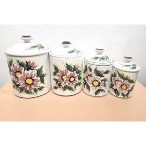 Vintage Norleans Set of 4 Floral Hand Painted Ceramic Canister‎ Made in Portogal